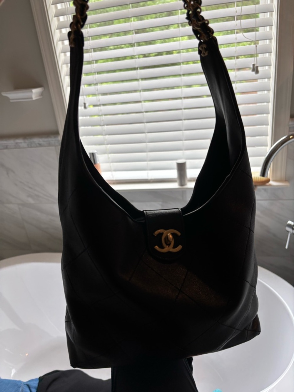 Chanel shiny Black Quilted Leather Shoulder Bag with Gold Hardware